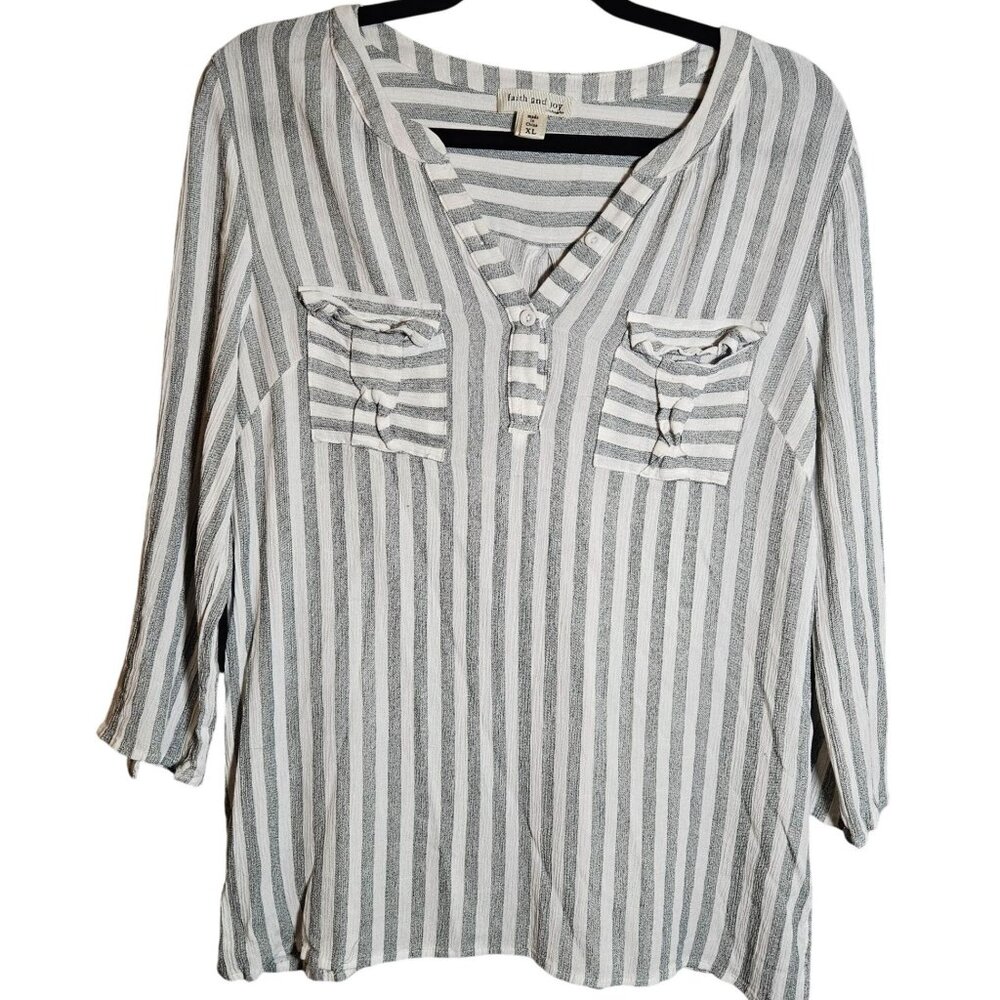 Striped White & Gray Button-Tab Sleeve V-Neck Tunic Top By Faith And Joy XL